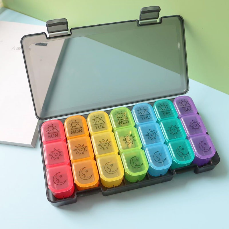 Cross-border grande 21-grid colorido 21-grid caja de la medicina caja de almacenamiento caja de clasificación compartimiento de plástico portátil caja de la medicina siete días a la semana