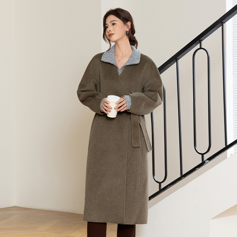 엔디 레이스 업 캐시미어 코트 여자 2024 년 겨울 새로운 V-넥 그레이 더블 페이스 롱 코트