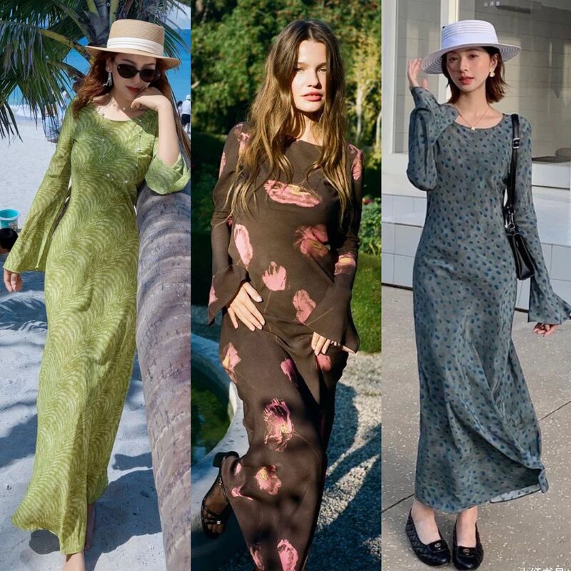 Powerful Aura, Light Luxury Bias-Cut Silk Floor-Length Dress with Round Neck and Bell Sleeves, Slimming Dress, Gentle and Lazy Style