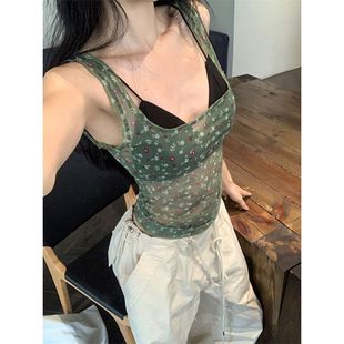 French Style Hot Girl Style Sexy Floral Vest Women's Summer New Arrival Perspective Mesh Slim-Fit All-Match Short Top