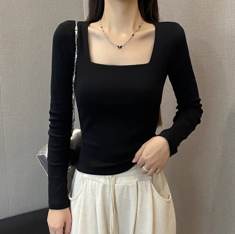 Shake the sound of a generation of autumn and winter square collar warm cotton inside with temperament slim long sleeve T-shirt women's bottoming jacket