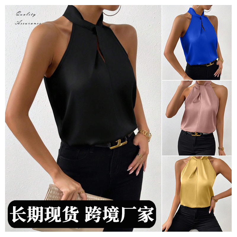 2026 Summer New European and American Women's Satin Halter Neck Sleeveless Vest Satin Imitation Silk Top Wholesale in Stock