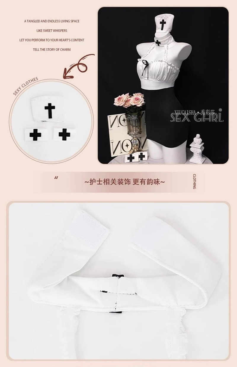 Nurse Role Play Lingerie Set with Headpiece, Mini Skirt, Wrist Bands and Thong — detail image 13