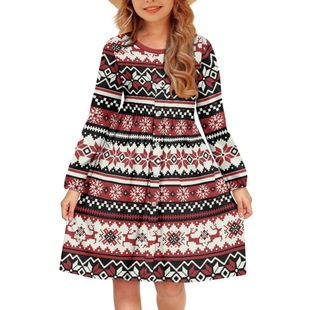 Vintage Long-sleeved Girls' Dress with Pocket Button A- line Dress Small and Medium-sized Children's Girl's Skirt Children's Clothing Big Children