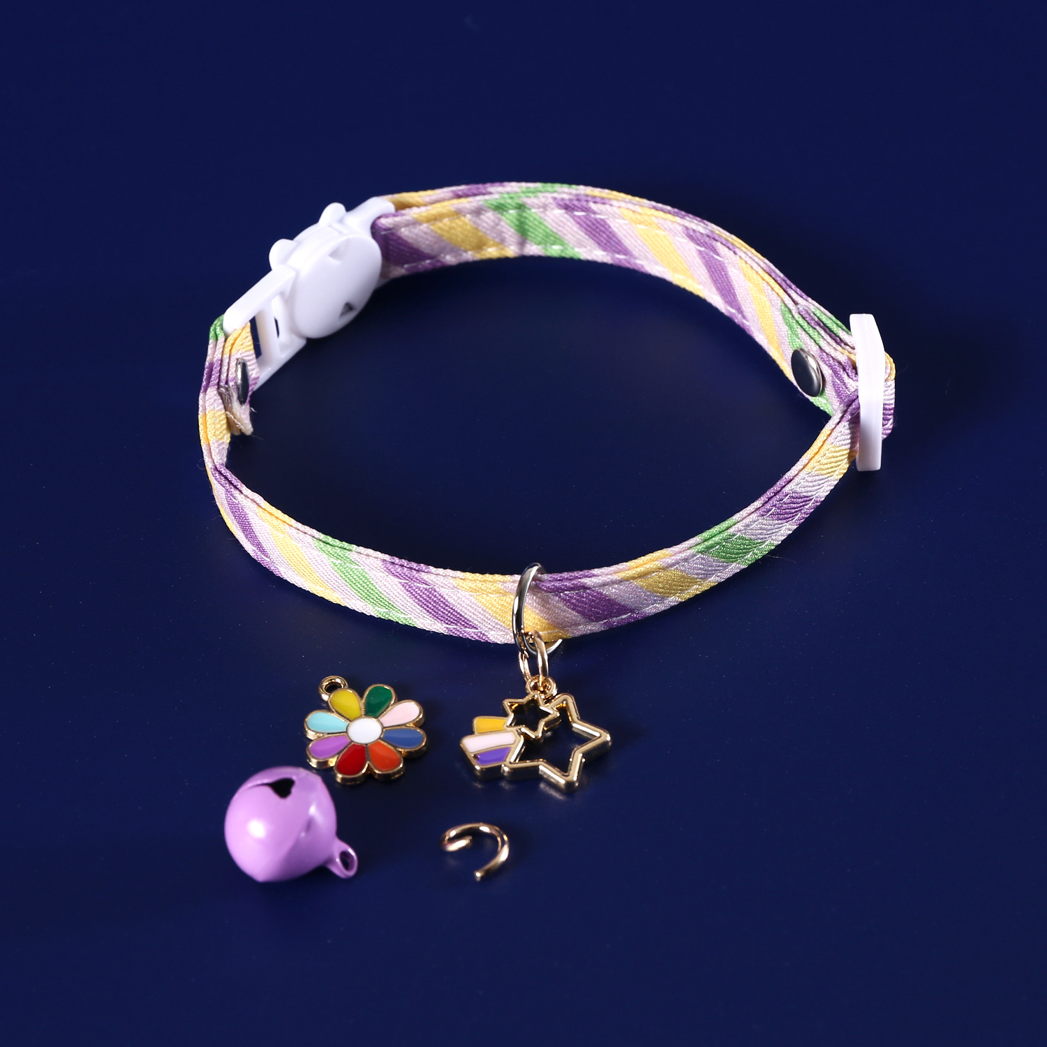 Pet doble rayas collar colgante de cabeza reemplazable meteorito arco iris campana de flores de sol gatos cachorros anti-asfixia