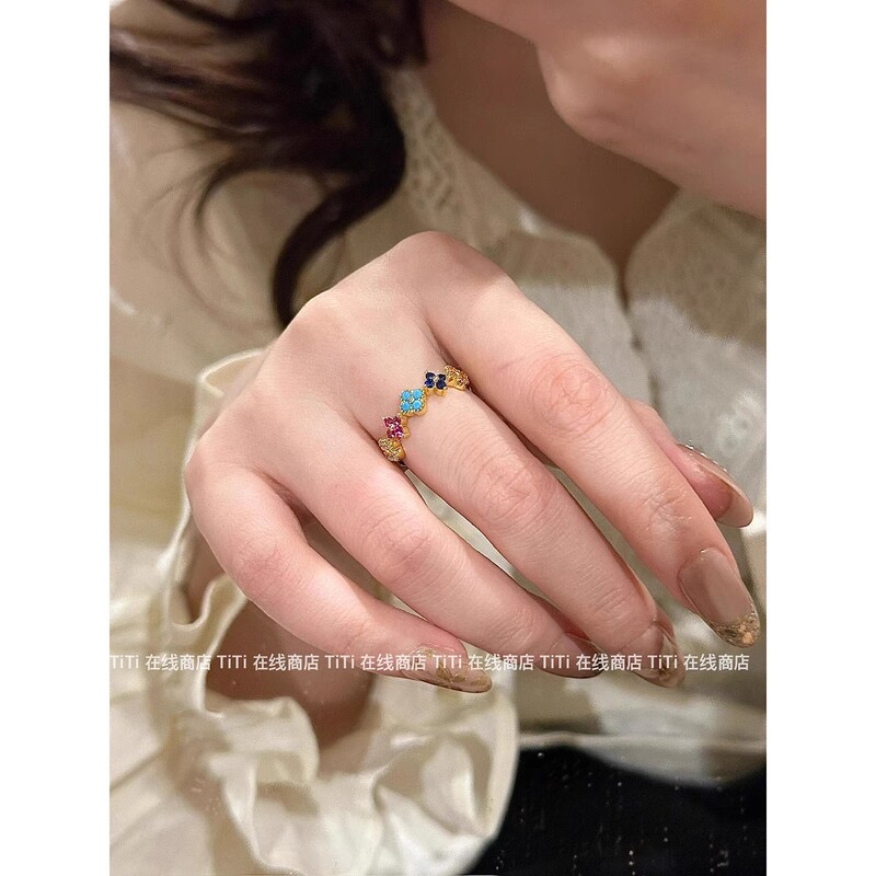 ドーパミンカラーのレインボー四つ葉のクローバーリング、女性用ニッチデザイン、ハイエンドの軽い贅沢、絶妙で多用途なリング|undefined