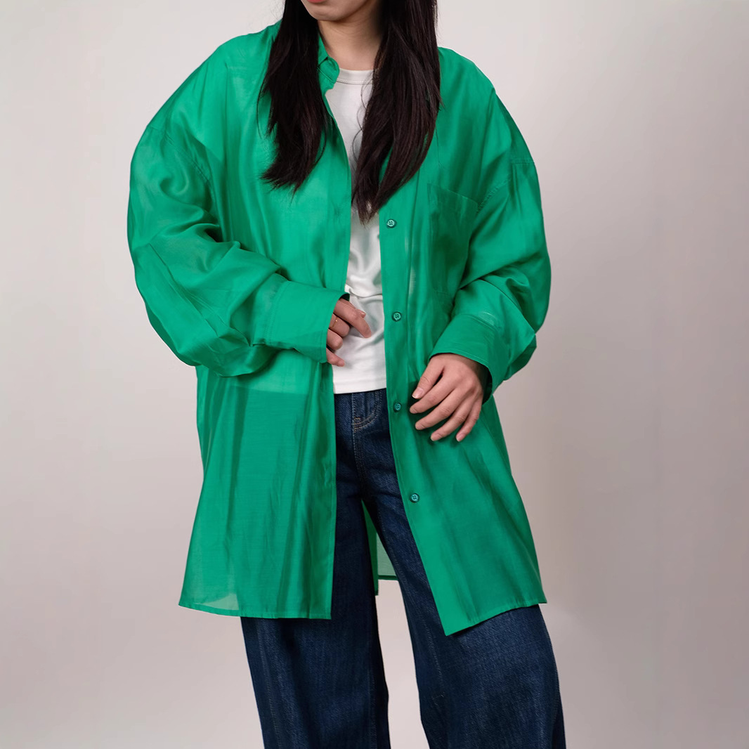 Plus Size Women's Spring and Summer Lazy Style Silhouette Glossy Tencel Thin Cardigan Shirt Women's Semi-Transparent Sun Protection Women's Senior