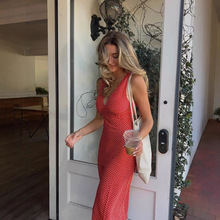 真丝碎花连衣裙 法式复古小众桑蚕丝双绉斜裁度假修身中长款红色