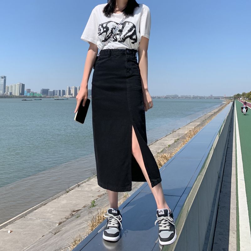Irregular Mid-Length Black Denim Skirt for Small Women 2025 Autumn and Winter New Style High Waist Slimming Look Side Slit