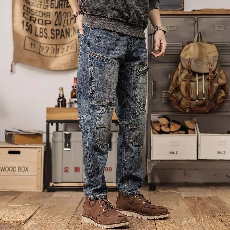 Men's Korean Style Workwear Jeans Loose Fit Retro Slim Harem Straight Pants mid Waist Autumn Winter Trendy Blue Jeans_mkmklike.com