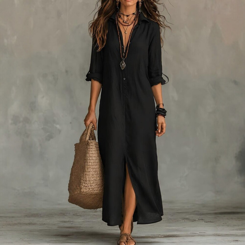 2026 European and American Cross-Border Casual Cardigan Loose Dress Solid Color Turn-Down Collar Front and Back Slit Vacation Long Dress 2026 European and American Cross-Border Casual Cardigan Loose Dress Solid Color Turn-Down Collar Front and Back Slit Vacation Long Dress