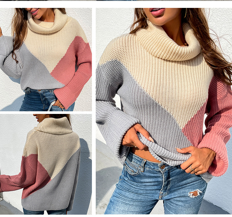 autumn and winter high lapel collar color stitching sweater nihaostyles wholesale clothing NSMMY83097