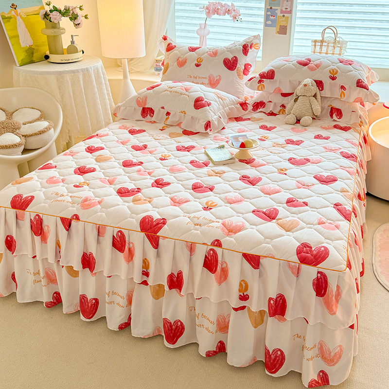Cross-border quilted bed skirt single-piece sanding mattress cover non-slip Simmons protective bedspread bed skirt three-piece wholesale