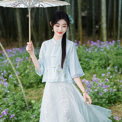良質の中国刺繍婦人服中国風の若いスタイル改良された漢服スーツ禅茶芸服トップ夏