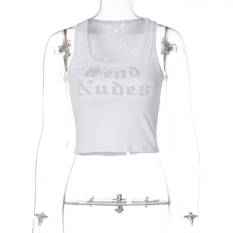 Women's Sexy U-Neck Sleeveless Short Vest Casual Fashion American Style Spring Summer Rhinestone Detail_ecoleips.com