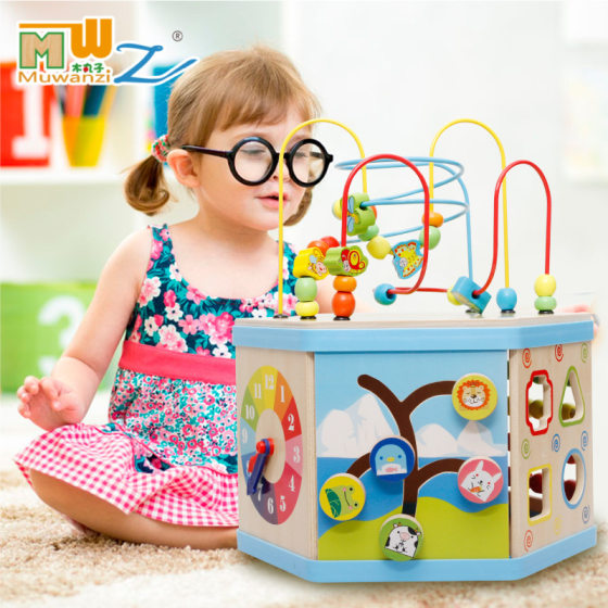 Wooden balls multi-functional large hexahedron beads treasure chest wooden baby Qizhi beaded toys wholesale