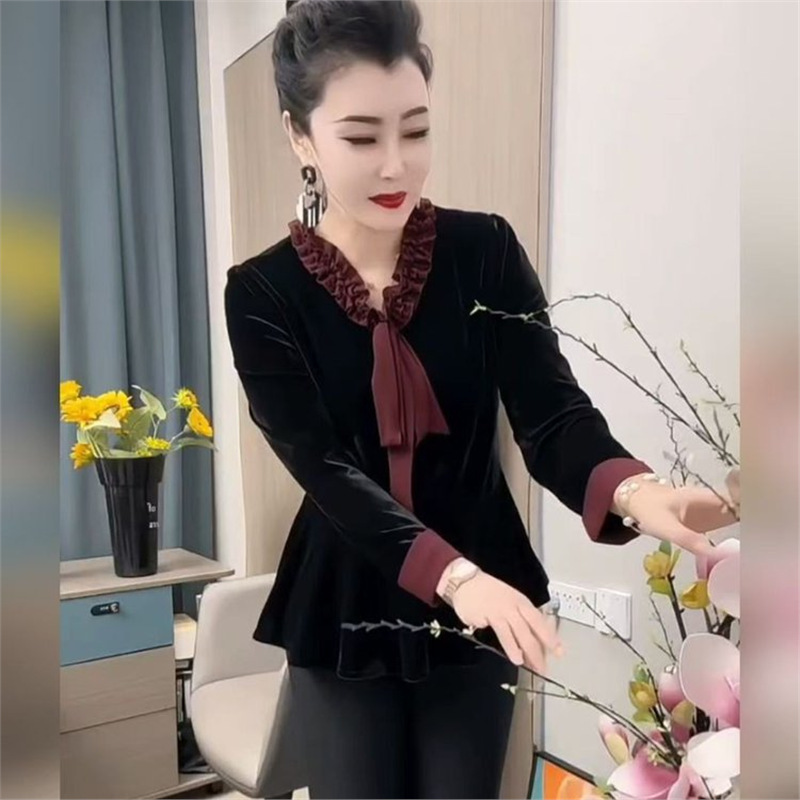 Dropshipping 2025 early spring new product: velvet ruffle trim tie-up base shirt, stylish and versatile top Dropshipping 2025 early spring new product: velvet ruffle trim tie-up base shirt, stylish and versatile top