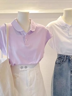 Purple Collar Hong Kong Style Short-Sleeved Right Shoulder Shirt for Women Summer Design Loose Small Flying Sleeve Short Top