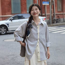 法式高级感夏季宽松长袖polo领条纹衬衫上衣女春秋通勤衬衣外套