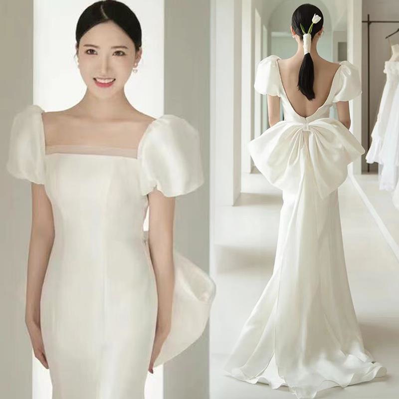 Slim Fit Satin Wedding Dress New Style Court Court Style Bridal Travel Photography Simple Evening Gown With Train For Light Wedding_ecoleips.com