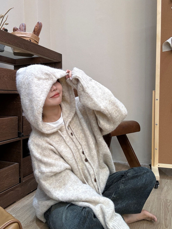 连帽毛衣开衫外套女秋季加厚韩系穿搭宽松慵懒风针织衫软糯上衣|undefined