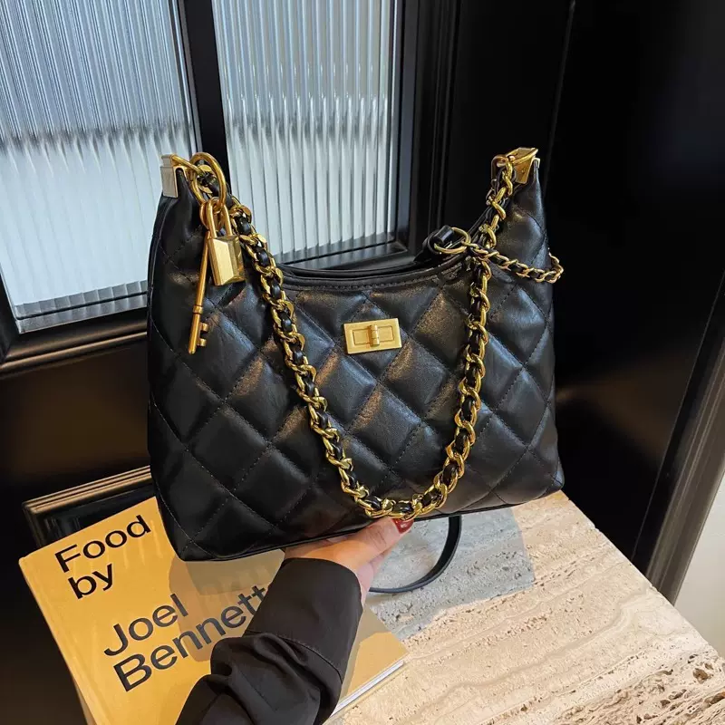 高质感2025春季新款百搭托特女小香风菱格链条包单肩斜挎手提大包