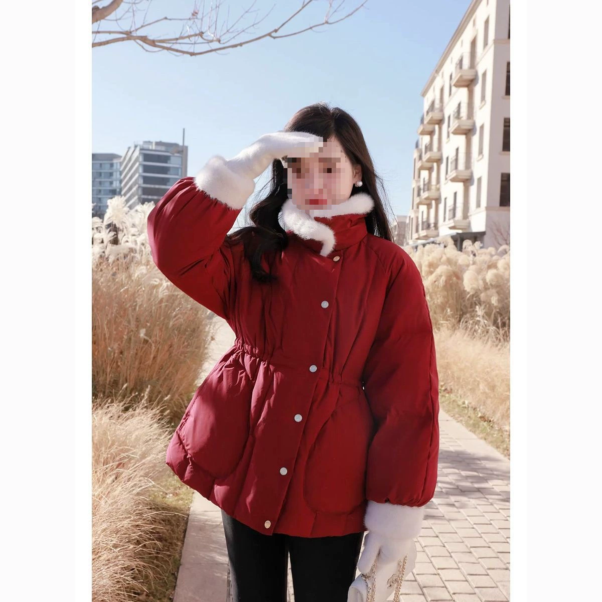 Новогодняя французская сладкая и горячая девушка чувствует красную имитационную норковую шерсть и воротник пуховые хлопчатобумажные костюмы 2023 тонкий и легкий холодный теплый хлопок