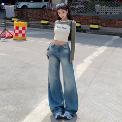 美式低腰阔腿牛仔裤女2025年秋季新款慵懒风宽松百搭直筒拖地裤子