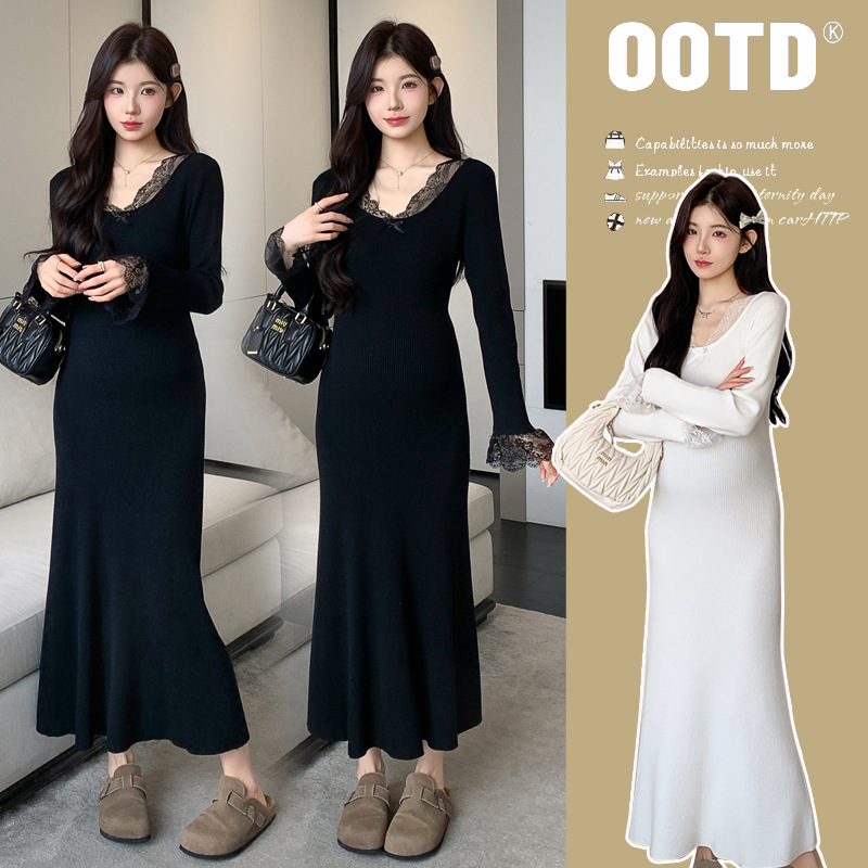 Fashionable Maternity Wear New Autumn and Winter French Knitted Splicing Lace Elegant Inner Long Skirt Fashionable Slimming Dress