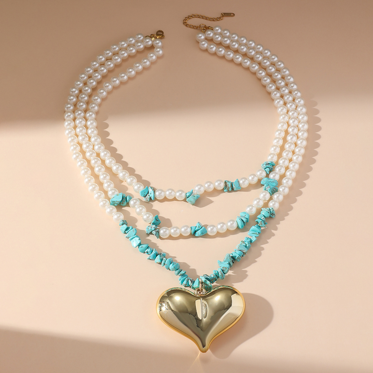 Exaggerated Beach Heart Shape CCB Imitation Pearl Turquoise Beaded Chain Lobster Trigger Clasp Closure Layered Necklaces Wholesale display picture 6