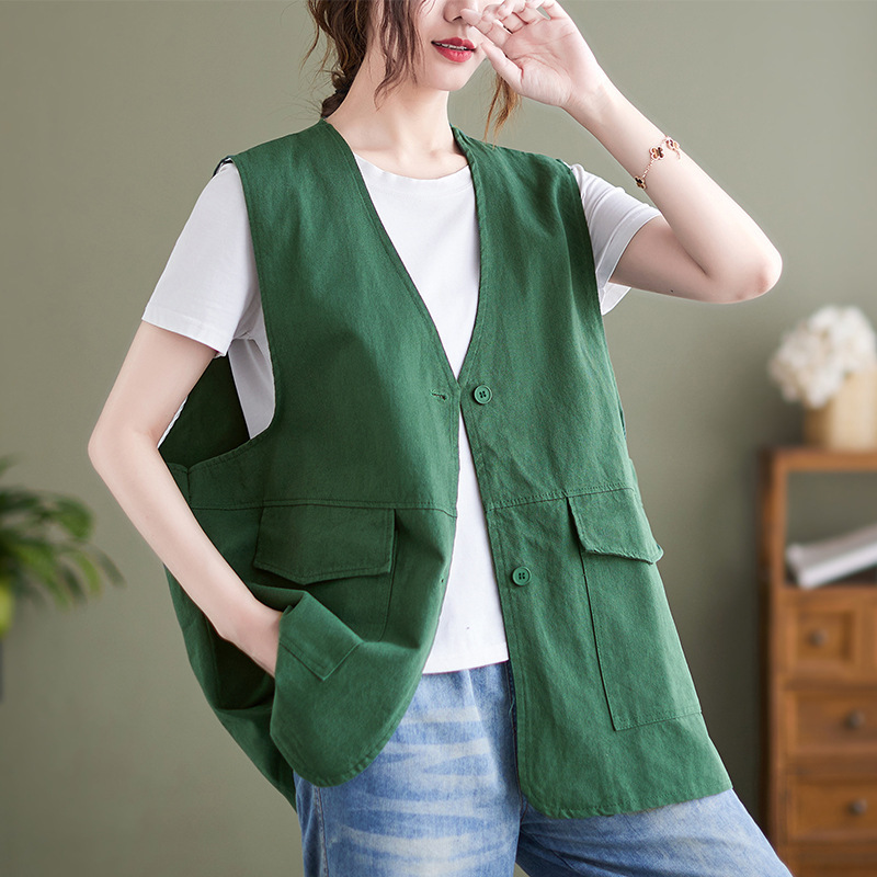 Korean and Japanese Export 2025 Summer New Korean Style Casual Outerwear Artistic Loose Solid Color Cotton and Linen Vest Jacket for Women