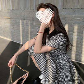 日系少女格翻领连衣裙女夏季2024新款泡泡袖收腰设计感公主风短裙