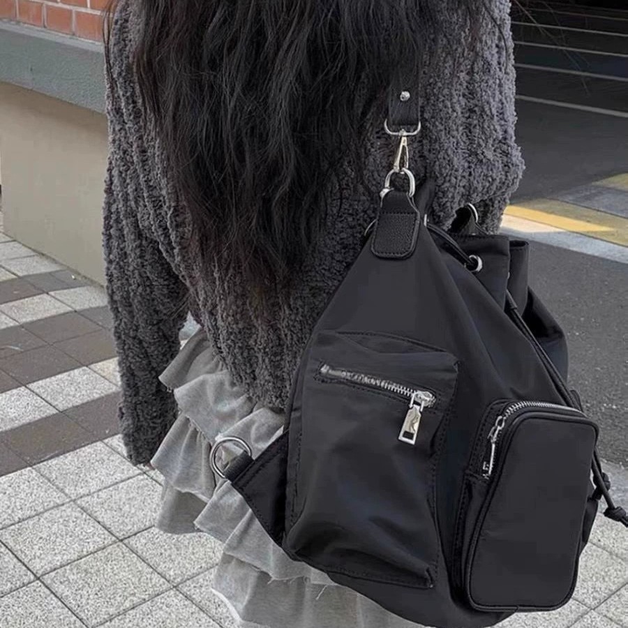 Unique Design Black Large-capacity Multi-pocket Shoulder Tote Bag, Korean Style Ins-inspired Drawstring Multi-use_voghion.com