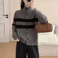立领撞色条纹针织毛衣开衫女秋冬新款休闲宽松外套跨境针织上衣女