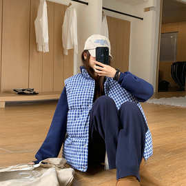 韩系格子棉服马甲女2026冬季加厚保暖叠穿外穿坎肩面包服背心马夹