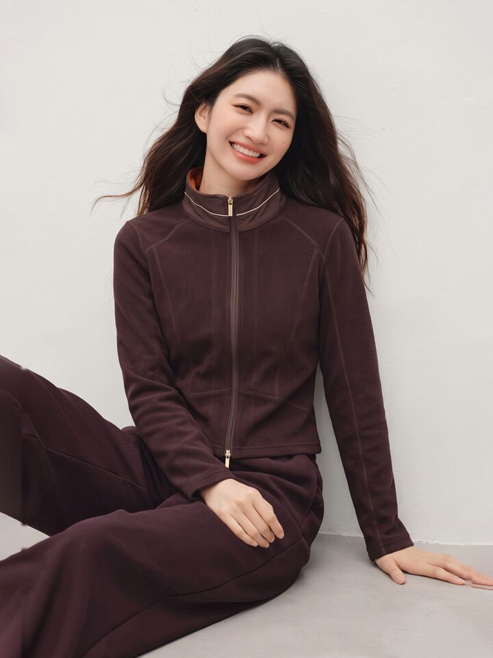 Áo khoác nữ thể thao nhẹ cổ đứng dệt kim co giãn phối lông mịn — màu cà phê