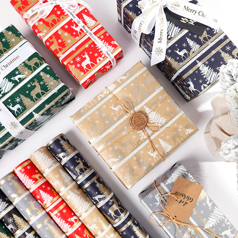 Amazon explosión de gran tamaño de Navidad retro papel de embalaje de alce de alta calidad papel de embalaje de regalo en stock