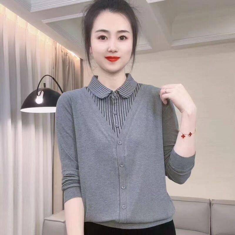 A generation of 2025 spring and autumn new thread shirt lapel fake two-piece striped shirt long sleeve T-shirt women's clothing