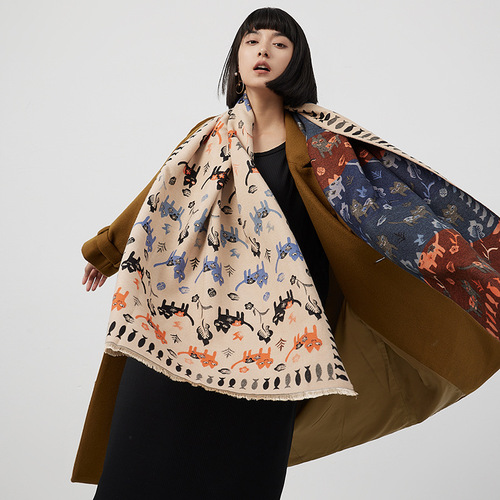 New Autumn and Winter Women's Cute Animal Cat Large Shawl Imitation Cashmere Thickened Warm Korean Style Versatile Scarf to Keep Out the Cold
