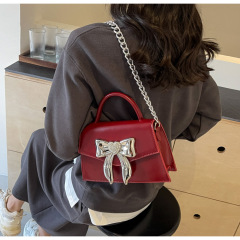 粉色蝴蝶結手提通勤包包女2024新款潮時尚韓國小方包百搭斜挎包