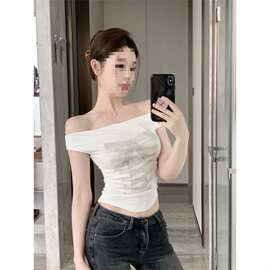 美式甜辣妹短袖恤女夏季性感修身显瘦短款露肩打底衫上衣无袖