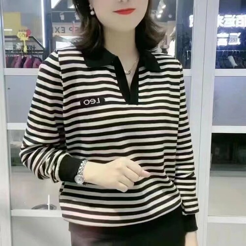 Women's Fashion Universal Long Sleeve T-Shirt with Collar, Large Size Mother, Spring and Autumn Season Polo Shirt