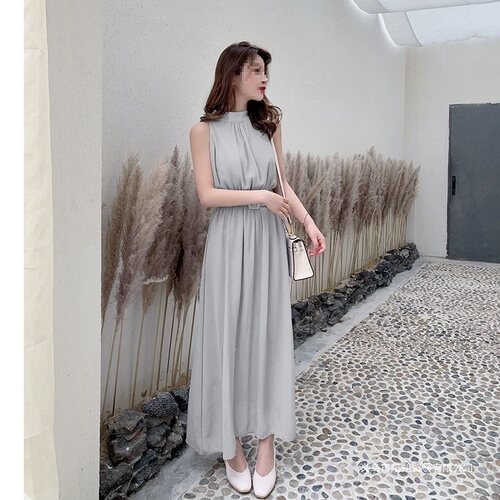 Chiffon dress 2026 summer new Korean women's slim long sleeveless dress beach dress [with belt]