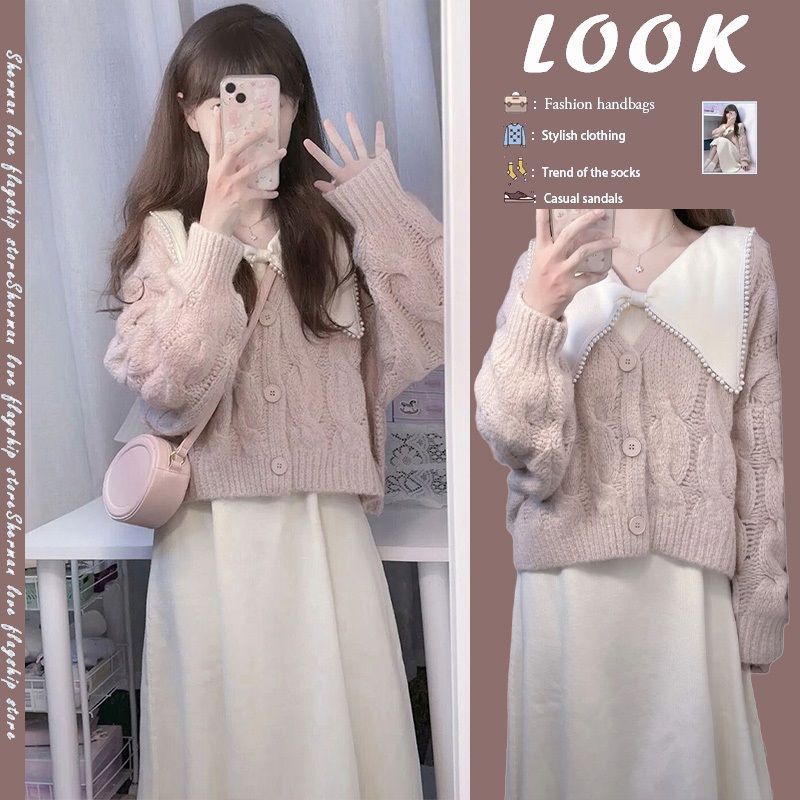 秋冬季温柔韩剧网红活泼减龄奶乖学院风针织毛衣连衣裙两件套装女