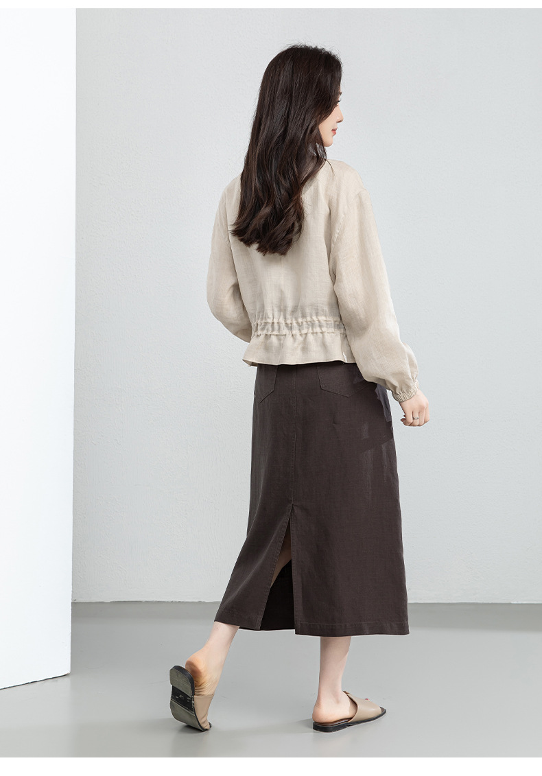Chân váy chữ A dáng dài nữ chất liệu linen phối sợi tencel, thiết kế che khuyết điểm eo hông — màu xanh navy chi tiết 25