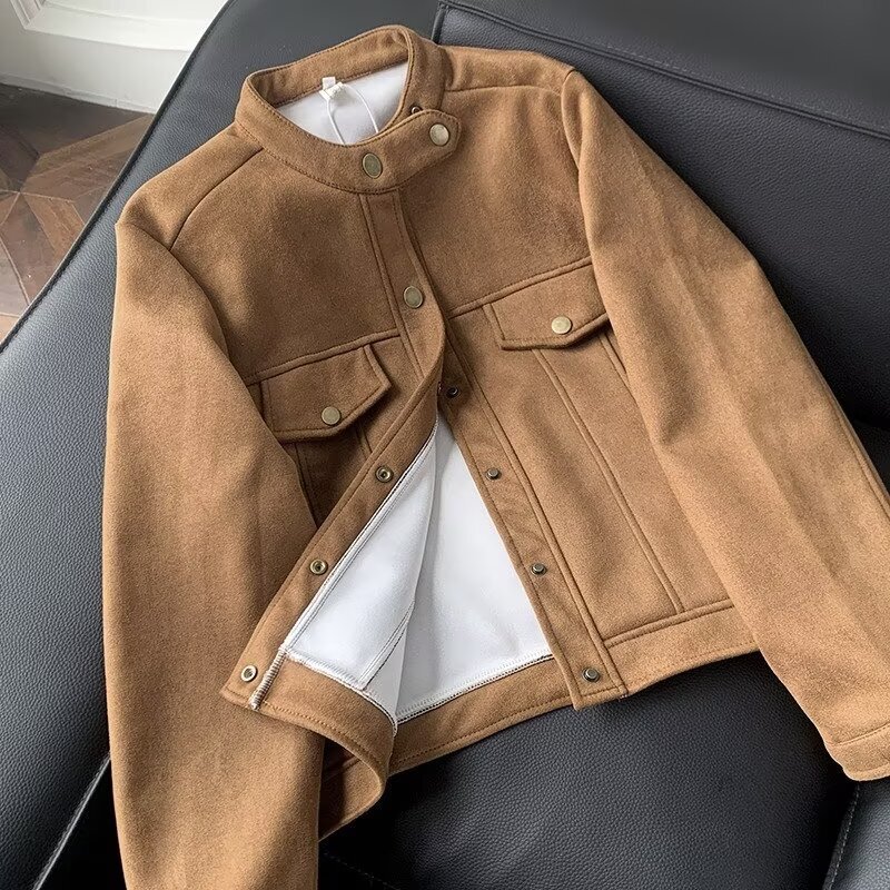 Short Suede Jacket Men's Autumn and Winter New Casual Retro High-End Motorcycle Jacket Thickeneded Stand-Up Collar Jacket Top