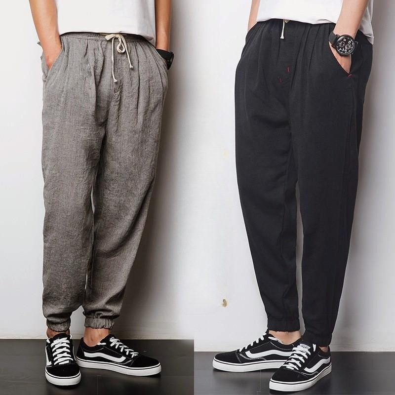 Cross-Border Aliexpress Men's Casual Pants Summer Loose Cotton-Linen Imitation Men's Pants Cool Tapered Pants Harem Pants for Men
