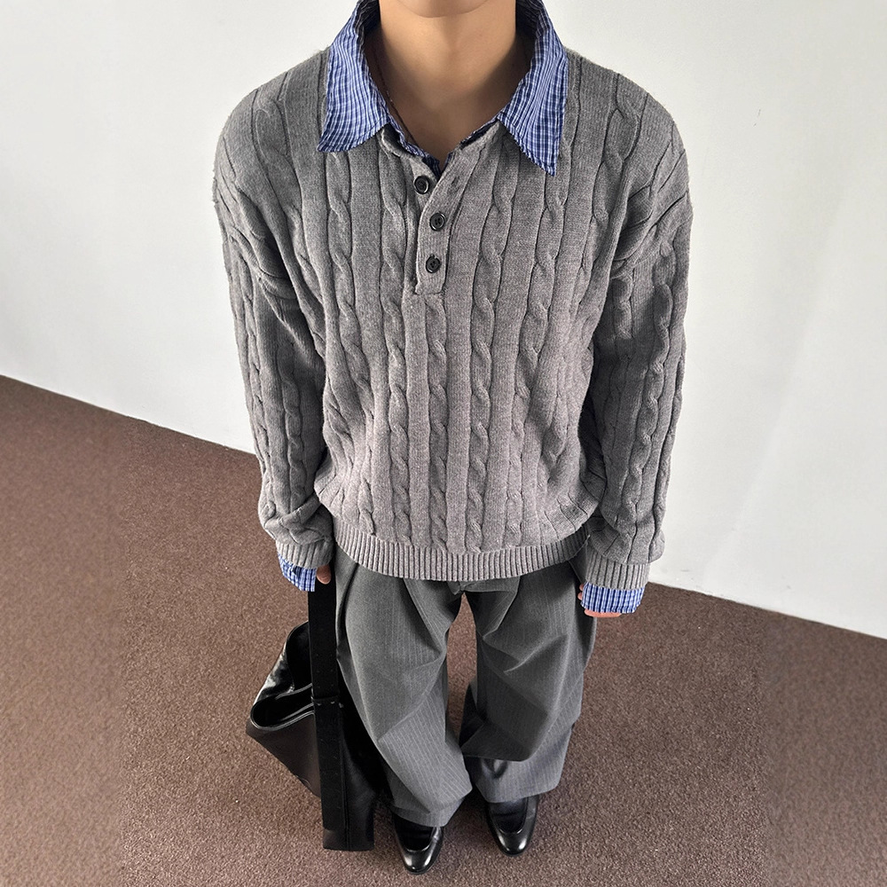 American Retro Fake Two-Piece Cable Knitwear Men's Autumn and Winter Lazy High-End Knitwear Gray Miu Style Outfit