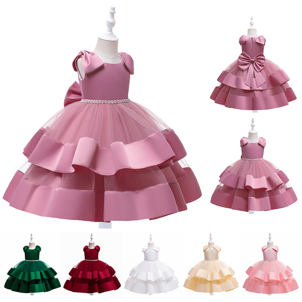 2025 European and American Princess Dress Children's Cake Pompous Dress Bow Sleeves Children's Show Dress Performance Children's Dress