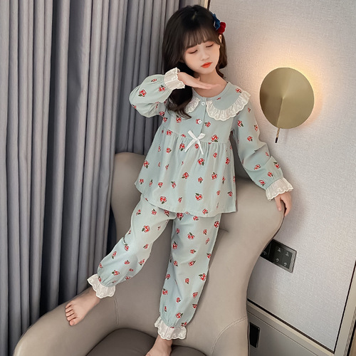 Children's Long Sleeve Sleepwear Girls' Cotton Home Wear Set Autumn Medium and Large Children's Little Girl Spring and Autumn Cartoon Air Conditioning Suit 